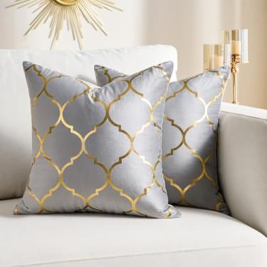Imagem de Wosendy Capas de almofadas cinza e douradas, 30,5 x 30,5 cm, veludo, decorativas, capas de almofada para sofá, sofá-cama, sala de estar, pacote com 2