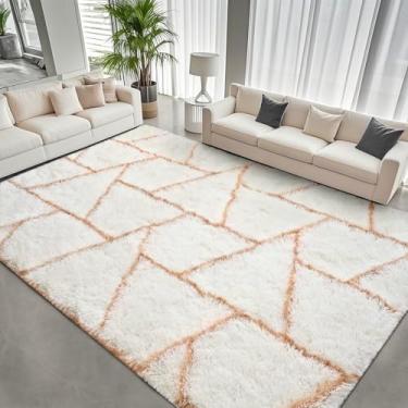 Imagem de FALARK Tapetes grandes de 20 x 25 cm para sala de estar, quarto, moderno, geométrico, macio, fofo, branco, grande, lavável, antiderrapante, felpudo e felpudo para sala de jogos, dormitório adolescente