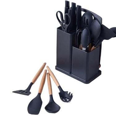 Imagem de Kit Completo Jogo Utensílios de Cozinha Luxo 19 Peças Com Tábua em Silicone Espátula Faca Tesoura(Preto)