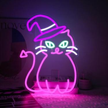 Imagem de Sinal de néon LED Kullneon Pink Cat com chapéu de bruxa de Halloween