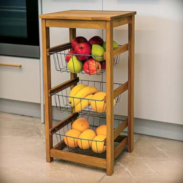 Imagem de Fruteira de Chão Cozinha com Tampo de Madeira 3 Cestos