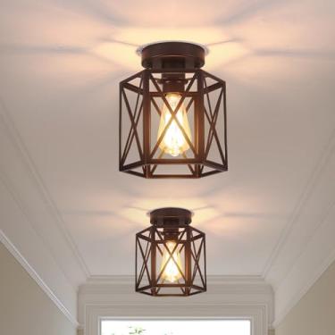 Imagem de Pacote com 2 lâmpadas de teto pretas, luzes de teto de montagem semi-embutida para casa de fazenda, pequenas luminárias de corredor, gaiola de metal, mini iluminação moderna para entrada, quarto