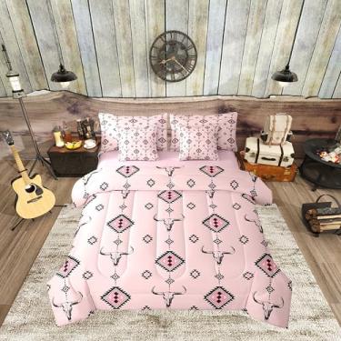 Imagem de Conjunto de edredom tribal com 7 peças, fazenda, nativo, étnico, para crianças, adultos, adolescentes, jovens, cama rosa vaqueira em uma bolsa com edredom, lençóis e fronhas, Queen