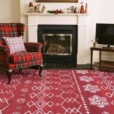 Imagem de jinchan Tapete de Natal com floco de neve, 12 x 18 cm para sala de estar, lavável, tapete de Natal, vermelho, geométrico, antiderrapante, macio, tapete de inverno, treliça, decoração de férias para