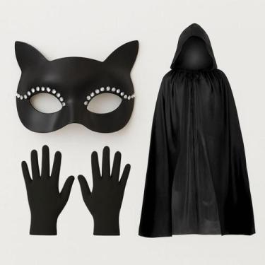 Imagem de Fantasia Feminina Mulher Gato Mascara Capa Preta Festa a Fantasia Hall