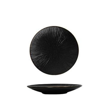 Imagem de Prato de serviço pratos de jantar de cerâmica pratos de jantar redondos pretos foscos criativos com borda dourada pratos de servir para bife, salada, macarrão e sobremesa, pratos de estilo japonês