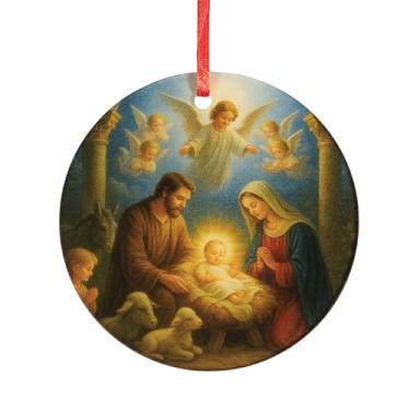 Imagem de Ornamento acrílico estilo pintura a óleo da Sagrada Família – Presépio redondo de 8,5 cm com anjos e animais – Decoração católica de Natal para famílias