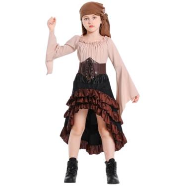 Imagem de Happy Cherry Roupa renascentista para meninas com camisa de manga comprida renascentista medieval saia pirata espartilho cinto lenço de cabeça damasco