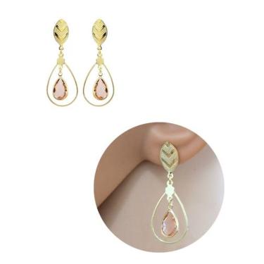 Imagem de Brinco Festa Gota Cristal Luxo Rosa bebê Folheado Ouro - MIXFOLHEADOS