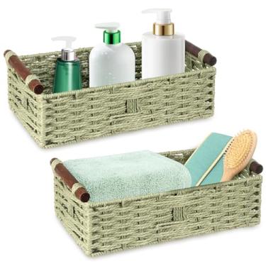 Imagem de blackonvlm Pacote com 2 cestas de armazenamento para organização, organizador de armazenamento de arame de palha, cestas de tecido retangulares para materiais de escritório doméstico, como toalhas