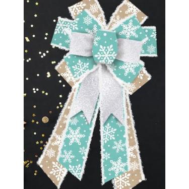 Imagem de Grandes laços de Natal para guirlanda, guirlanda de glitter de prata, laços de veludo de floco de neve para porta da frente, decoração de Natal azul enfeite de serapilheira para decoração de Natal