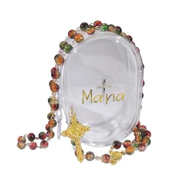 Imagem de Colar de rosário católico com contas de vidro, rosário de Natal de 8 mm, comprimento de 52 cm, crucifixo dourado, multicolorido, estilo de Natal, oração católica para amuleto de presente de Natal