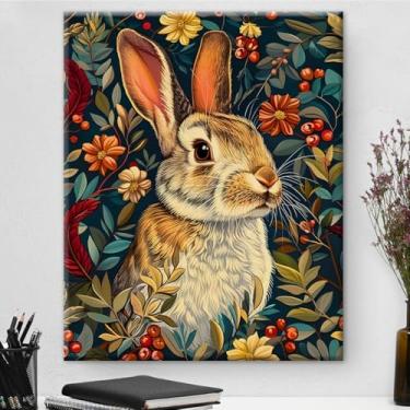 Imagem de Arte de parede botânica de coelho vintage emoldurada - Decoração de parede com flores escuras Academia para sala de estar quarto casa 20 x 25 cm