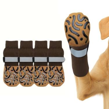 Imagem de 4 peças de meias antiderrapantes para cães que brilham no escuro - protetor de pata de cachorro marrom impermeável para cães pequenos/médios, internos e externos, G