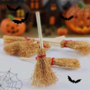 Imagem de Conjunto de 8 vassouras de bruxa de Halloween - Mini vassouras de bambu de 9,5 cm com cordão vermelho para decoração, cosplay e acessórios de festa