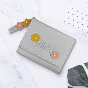 Imagem de Carteira feminina de couro PU com 7 compartimentos para cartão, 1 janela para identidade, 1 compartimento para dinheiro, bolsa pequena floral com pingente de borla, Cinza, Lazer