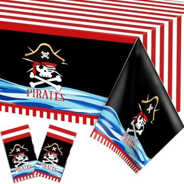 Imagem de Parrtty Hurrican 2 peças de toalhas de mesa descartáveis com tema pirata, capa de mesa retangular de plástico preto, decorações de festa de aniversário, casamento, piquenique