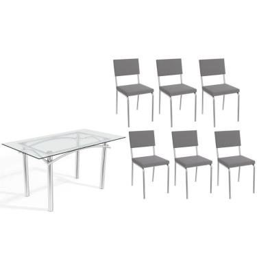 Imagem de Conjunto: Mesa Sala Jantar Elba C- Tampo De Vidro 150cm E 6 Cadeiras Zaria Cromada - Suede Cinza - Kappesberg