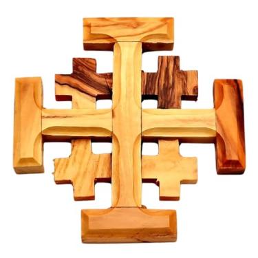 Imagem de Spring Nahal Cruz de madeira de oliveira de Jerusalém feita à mão Cruz de Jerusalém Cristã feita em Belém (6,3" / 16 cm)