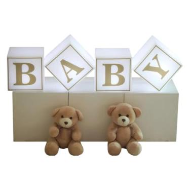 Imagem de Kit 4 Cubos Iluminados Baby LED RGB Sem Fio – Decoração para Chá Revelação, Festas e Eventos, Recarregável com Controle,