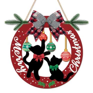 Imagem de CHDITB Guirlanda de sinalização para porta da frente de gato preto (30,5 x 30,5 cm), decoração de madeira de feliz Natal, sinos rústicos, guirlanda de Natal de cedro azevinho para presente de