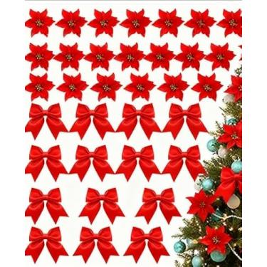 Imagem de Giegxin Pacote com 48 laços de Natal com glitter e flores de poinsétia com glitter para escadas, corrimão, guirlanda, guirlanda, árvore de Natal, decorações de festas de fim de ano, suprimentos