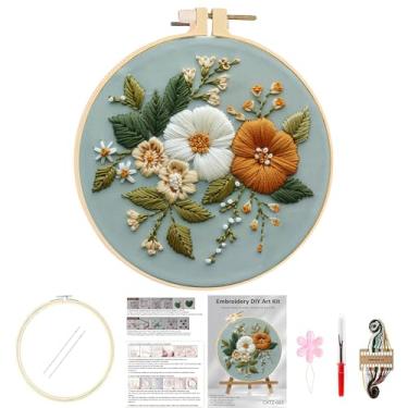 Imagem de Huacan Kits de bordado para adultos com estampa de flores estampadas para iniciantes, 4 peças, kit de costura floral de ponto cruz DIY 19 x 19 cm