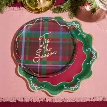 Imagem de xo, Fetti Conjunto de pratos Tis the Season - 32 pratos | Pratos de festa de Natal, borda ondulada, folha dourada, verde vermelho, utensílios de mesa de férias, sobremesa e jantar, decoração festiva