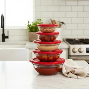 Imagem de Conjunto 5 Potes Redondo de Vidro Com Tampa - Vermelha