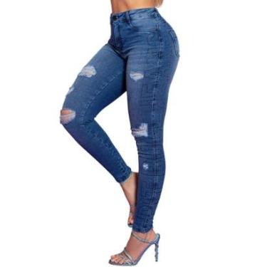 Imagem de Calça Jeans Skinny com Logomania Lateral de Cristais e Destroyed Pit Bull 66773-Feminino