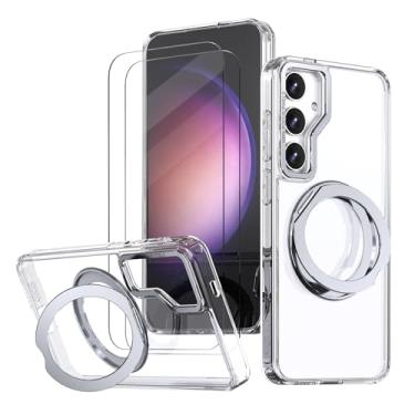 Imagem de HCXLYP Capa transparente para Samsung Galaxy S25 FE, com 2 películas de vidro temperado, suporte magnético giratório 360, compatível com Magsafe, capa fina para celular