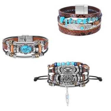 Imagem de Kezoic Conjunto de 3 peças de joias turquesa, colares, brincos e pulseira ocidentais para mulheres, 7.5 Inches, Couro, Turquesa sintética