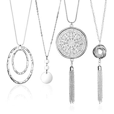 Imagem de Create idea Conjunto de colar com pingente longo de 4 peças para mulheres, borla em Y, para meninas, suéter, corrente punk multicamadas para mulheres e homens, prata, Metal