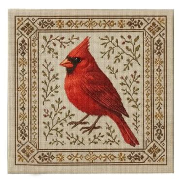 Imagem de sacxi Kit de ponto cruz com tema de pássaro com padrão floral - Cardeal, beija-flor, pássaro azul - Conjunto completo de arte de bordado DIY para iniciantes e artesãos experientes (cardeal vermelho)