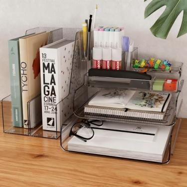 Imagem de Conjunto organizador de mesa transparente – Organizador de mesa de 6 peças com bandeja de arquivos, bandeja pequena, organizador de mesa, suporte de lápis e 2 porta-revistas – Organizador de material