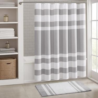 Imagem de XOGUIBO Cortina de chuveiro de algodão Waffle Weave Cortina de chuveiro neutra de tecido listrado para banheiro 182 cm x 182 cm cinza