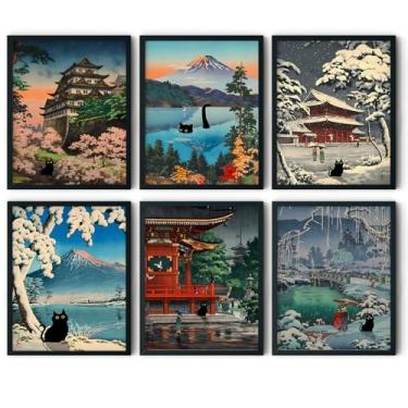 Imagem de 6 peças de arte de parede de gato preto japonês bonito Japão tradicional Tsuchiya Koitsu impressões Ukiyoe pintura em tela paisagem japonesa vintage colorido imagens japonesas decoração de parede 20 x