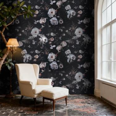 Imagem de AbaBoorty Papel de parede floral preto descasque e cole papel de parede de folha de ouro tropical escuro 44,5 cm x 299,7 cm à prova d'água autoadesivo flores pássaros selva samambaia papel de parede