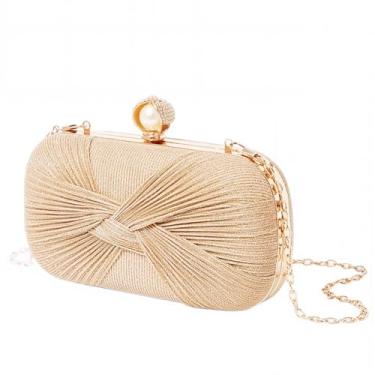 Imagem de Inkfew Bolsa clutch feminina formal elegante bolsa clutch plissada brilhante com corrente para festa de casamento, Dourado
