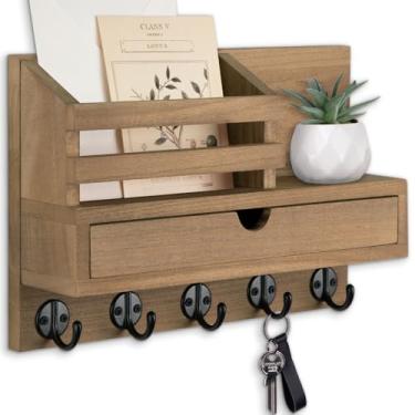 Imagem de Lucundm Suporte de parede, suporte de correio com gaveta de armazenamento e 5 ganchos de chave para casaco, coleira de cachorro, rack de decoração de casa, acessórios de casa, organizador de entrada