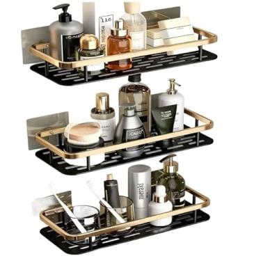 Imagem de Suporte De Shampoo e sabonete Prateleiras De Banheiro Sem Furo - Prateleira de Banheiro Adesiva para Parede, Organizador de Box com Adesivo Forte(kit 3 Retangulo Ouro negro)