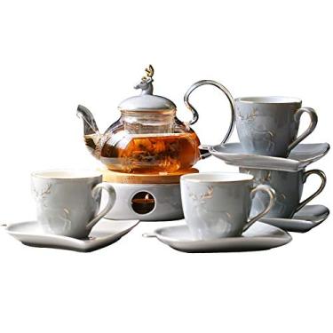Imagem de Conjunto de chá de estilo europeu criativo conjunto de xícaras de café para casa xícara de chá da tarde bule de chá de vidro de aquecimento adequado para reunião (tamanho único cinza)