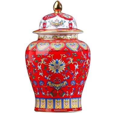Imagem de ADAOQIN Jarra de gengibre, pote de gengibre, cerâmica chinesa, vasos florais com tampa, vaso de porcelana esmaltado dourado, potes de templo, jarras de armazenamento de chá, vasos decorativos para