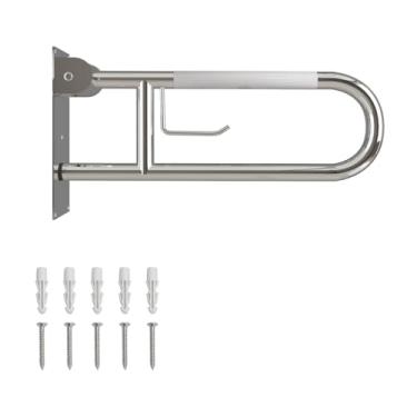 Imagem de Barra de apoio para vaso sanitário de 58 cm, barra de apoio dobrável com suporte de papel, barras de segurança antiderrapantes para vaso sanitário, alças serrilhadas de aço inoxidável para idosos com