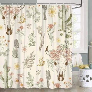 Imagem de VeiVian Cortina de chuveiro de caveira de vaca ocidental, decoração de banheiro boho floral de cacto, tecido impermeável, boêmia, planta do deserto, conjunto de cortina de chuveiro rústico, estilo