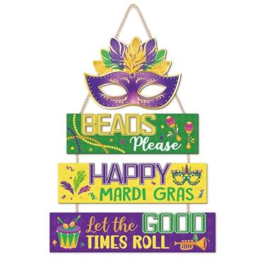 Imagem de LHIUEM Letreiro Happy Mardi Gras Decorações de Madeira Conjunto de 4 (12 x 28 cm) Máscara de Mardi Gras Roxo Decoração Miçangas Please LET The Good TIME ROLL Inspiration Quotes Carnaval Cabide de