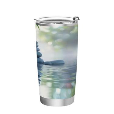 Imagem de Blueangle Copo de 590 ml com tampa e canudo, copo de café com água isolada a vácuo de aço inoxidável, lindas pedras de bambu, caneca térmica para bebidas quentes e frias (221)