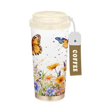 Imagem de SEHANY Caneca de viagem borboleta e flores de 482 ml Copos de café reutilizáveis revestidos de cerâmica com tampa à prova de vazamento, parede dupla, isolamento a vácuo, copo de café de aço inoxidável