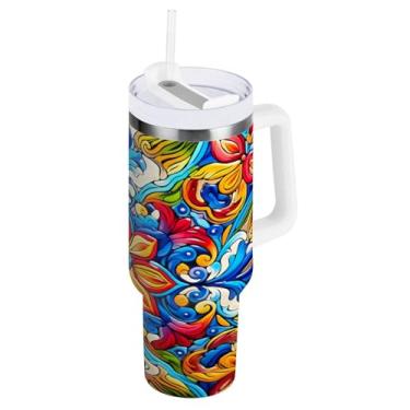 Imagem de Blueangle Copo isolado de 850 g com alça e tampa de canudo - Caneca de viagem de aço inoxidável à prova de vazamento, garrafa de água de cerâmica mexicana a vácuo de parede dupla (618)