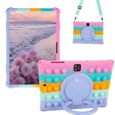 Imagem de Sfulatdc Capa de silicone para tablet, suporte giratório 360, alça e alça de ombro, caneta Stylus compatível com JJGJ/QDDQ/AWOW TB02 arco-íris de 10,1 polegadas